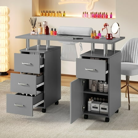 Nail Desk Station, 42.5 in Rolling Manicure Table, Mobile Nail Tech Desk with Dust Collector, 4 Drawers, 4 Wheels & Wrist Cushion, Professional Nail Tech Station Makeup Beauty Spa Salon Station