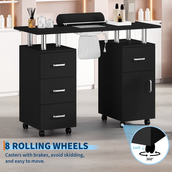Nail Desk Station for Nail Tech with Electric Downdraft Vent & Locking Castors & Wrist Cushion, Beauty Salon Resistant with Drawers & CabinetManicure Table