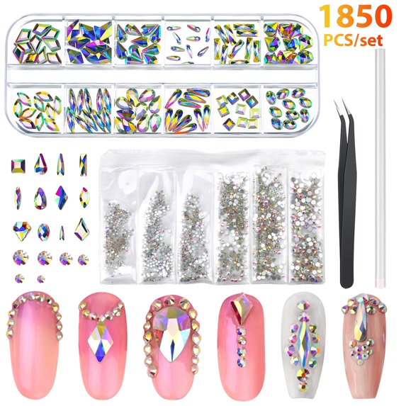 Nail Diamonds Set, Multi Shape Glass Crystal AB Nail Jewels, Bling Nail Gems and Diamonds 3D Nail Charms, Flatback Nail Rhinestones for Nails Art Decorations Kit, Mix 12 Styles