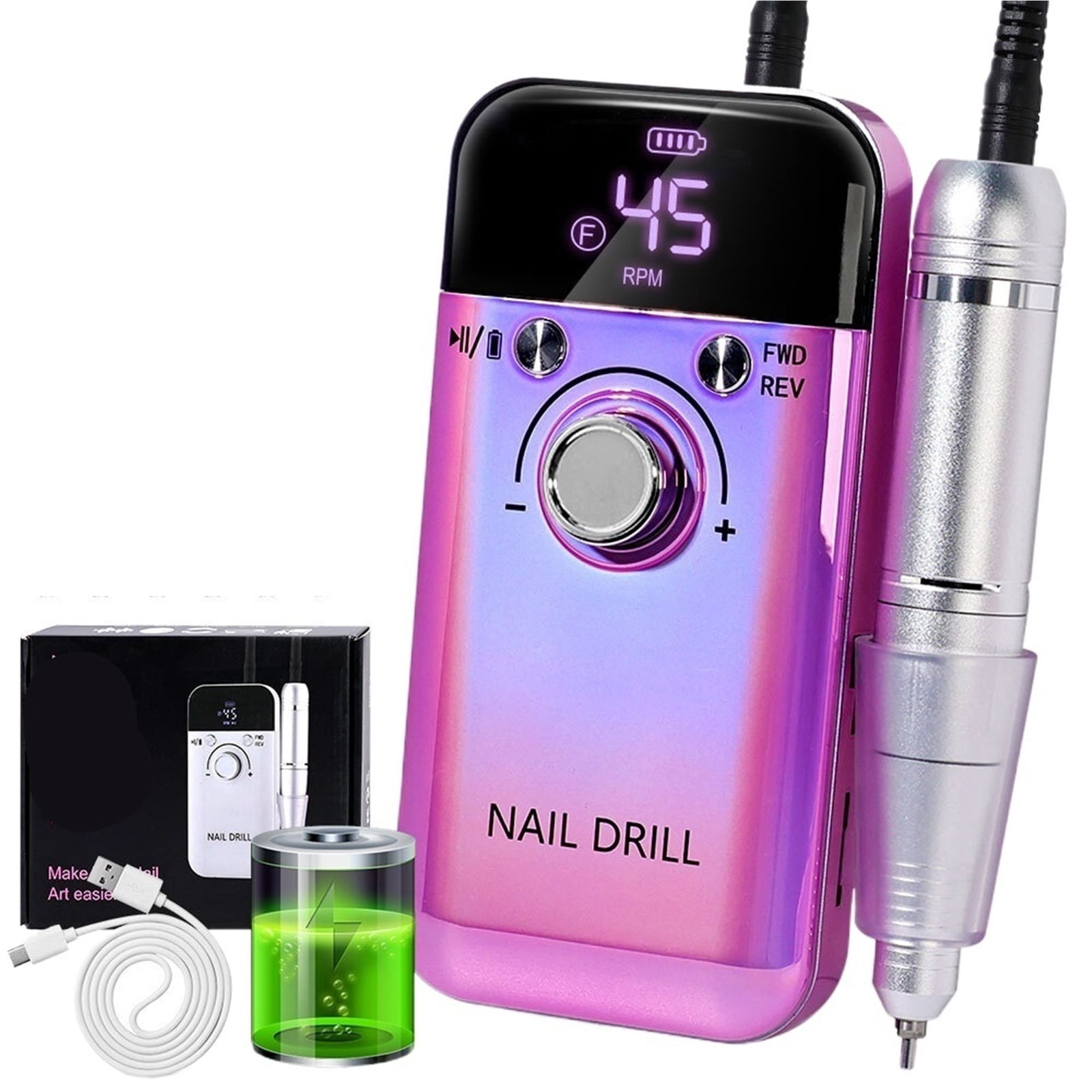 Nail Drill 45000 RPM Rechargeable Nails Electric File for Acrylic Gel Removing & Polishing Gel for Home/Salon Manicure Pedicure