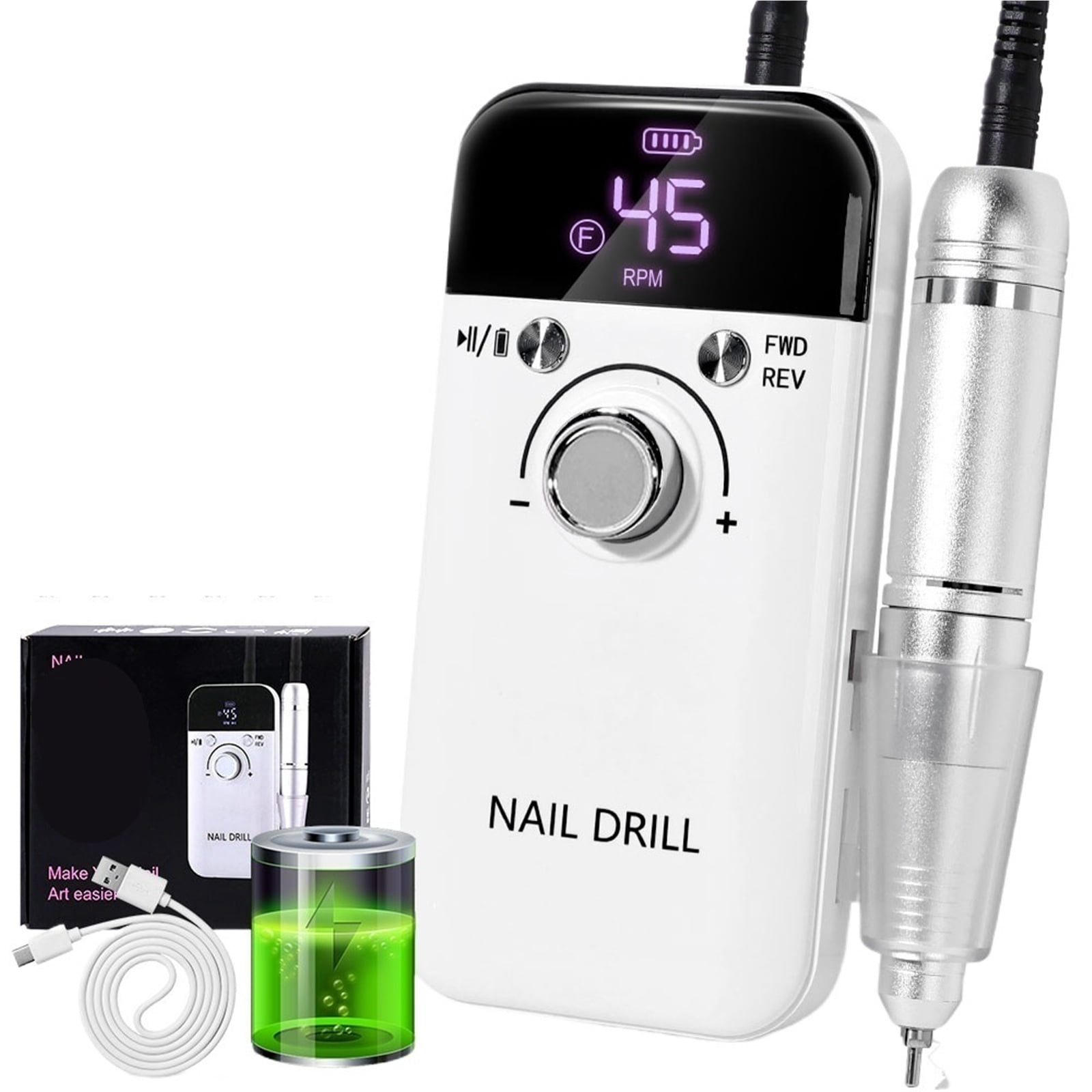 Nail Drill 45000 RPM Rechargeable Nails Electric File for Acrylic Gel Removing & Polishing Gel for Home/Salon Manicure Pedicure