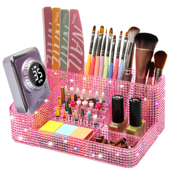 Nail Drill Holder, 28 Holes Transparent Acrylic Nail Drill Bits Holder, Professional Nail Tools Organizer and Storage Box Case(Pink rhinestone stickers)