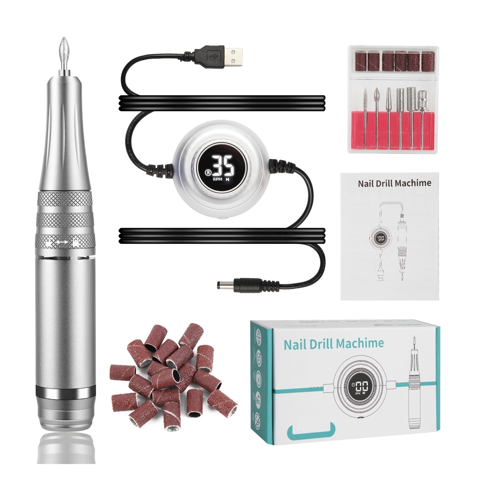 Nail Drill Machine 35000RPM Electric Manicure Machine Pedicure Manicure Drill Set Milling Cutters Set Nail File Equipment Tools ,Lightweight and Portable