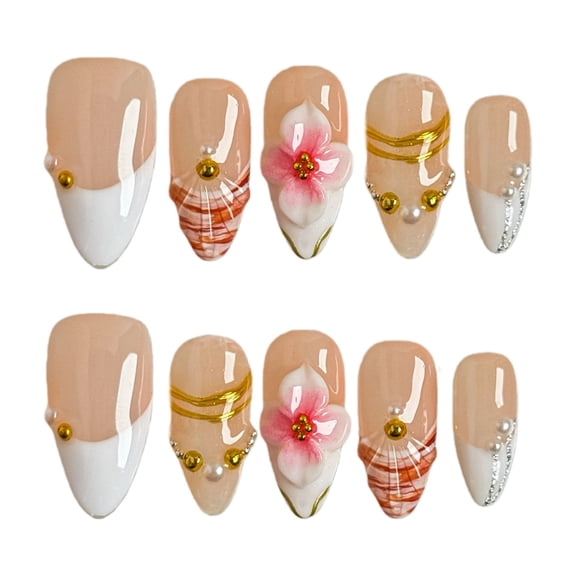 Nail Fairy Blush Floral Gold & Pearl Details Press - On Nails–Beach - Style Short Almond Nails with Free Tool Kit