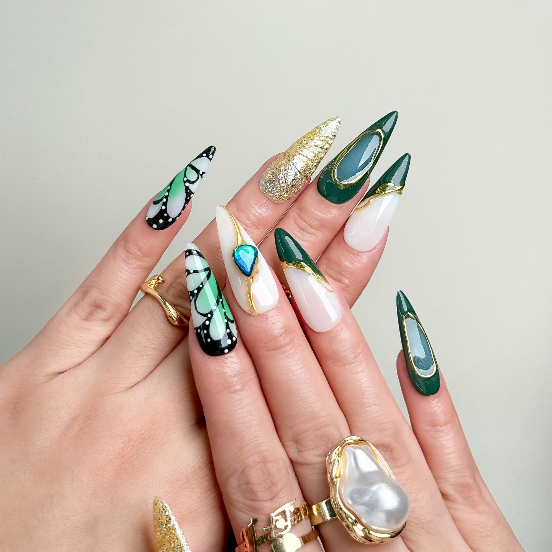 NailFairy Gilded Butterfly Ink Jade Press-On Nails – Handmade Artistic Set of 10 with 3D Gem & Glitter Design, Free Tool Kit
