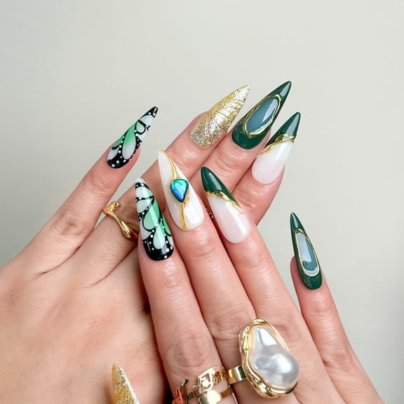 NailFairy Gilded Butterfly Ink Jade Press-On Nails – Handmade Artistic Set of 10 with 3D Gem & Glitter Design, Free Tool Kit