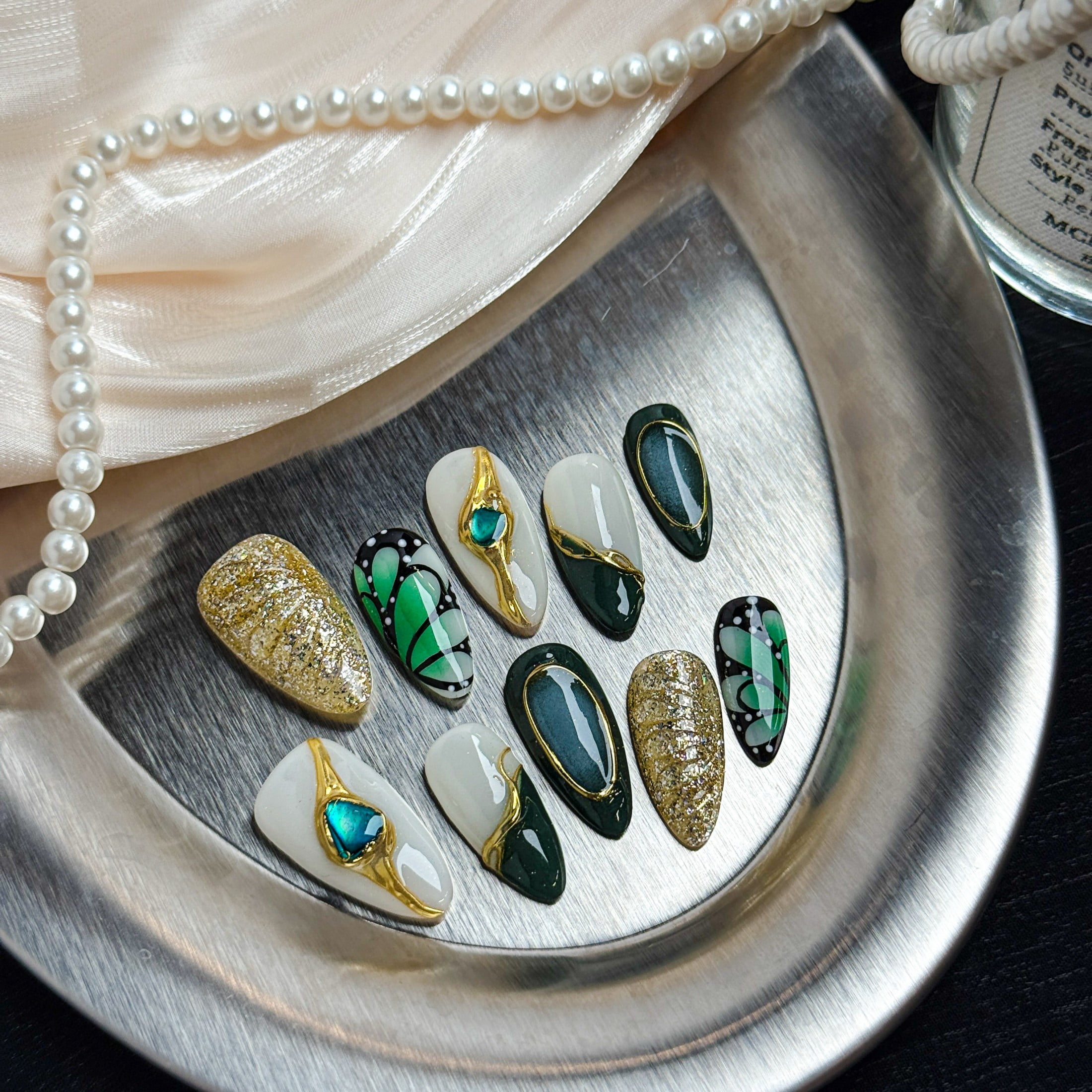 NailFairy Gilded Butterfly Ink Jade Short Almond Press-On Nails – Handmade Artistic Set of 10 with 3D Gem & Glitter Design, Free Tool Kit
