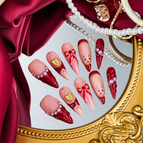 Nail Fairy  Handmade Press-On Nails  Stiletto Exquisite Cherry & Bowknot Design in Red and Nude  Custom-Made, Reusable with Free Application Kit Included