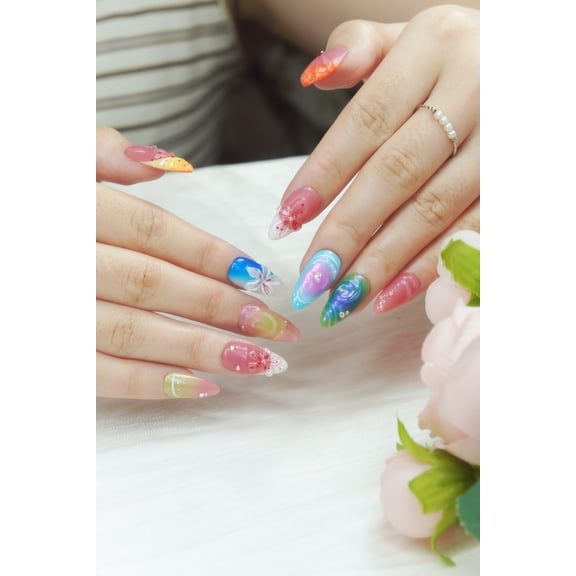 Nail Fairy Iridescent Laser Floral Press-On Nails Short Almond Holographic Chrome Nail Set with Free Tool Kit