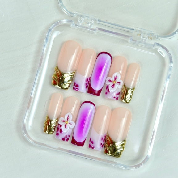 Nail Fairy Iridescent Purple Press-On Nails– Insect-Inspired Long Square Nails with Gold Accents & Free Tool Kit