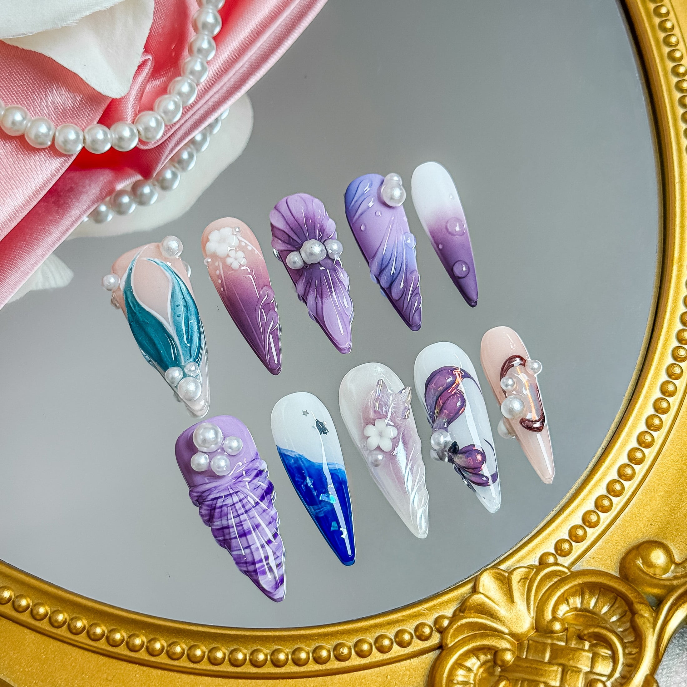 Nail Fairy Mermaid Dream Press-On Nails – Long Stiletto 3D Pearl & Shell Nail Set with Free Tool Kit
