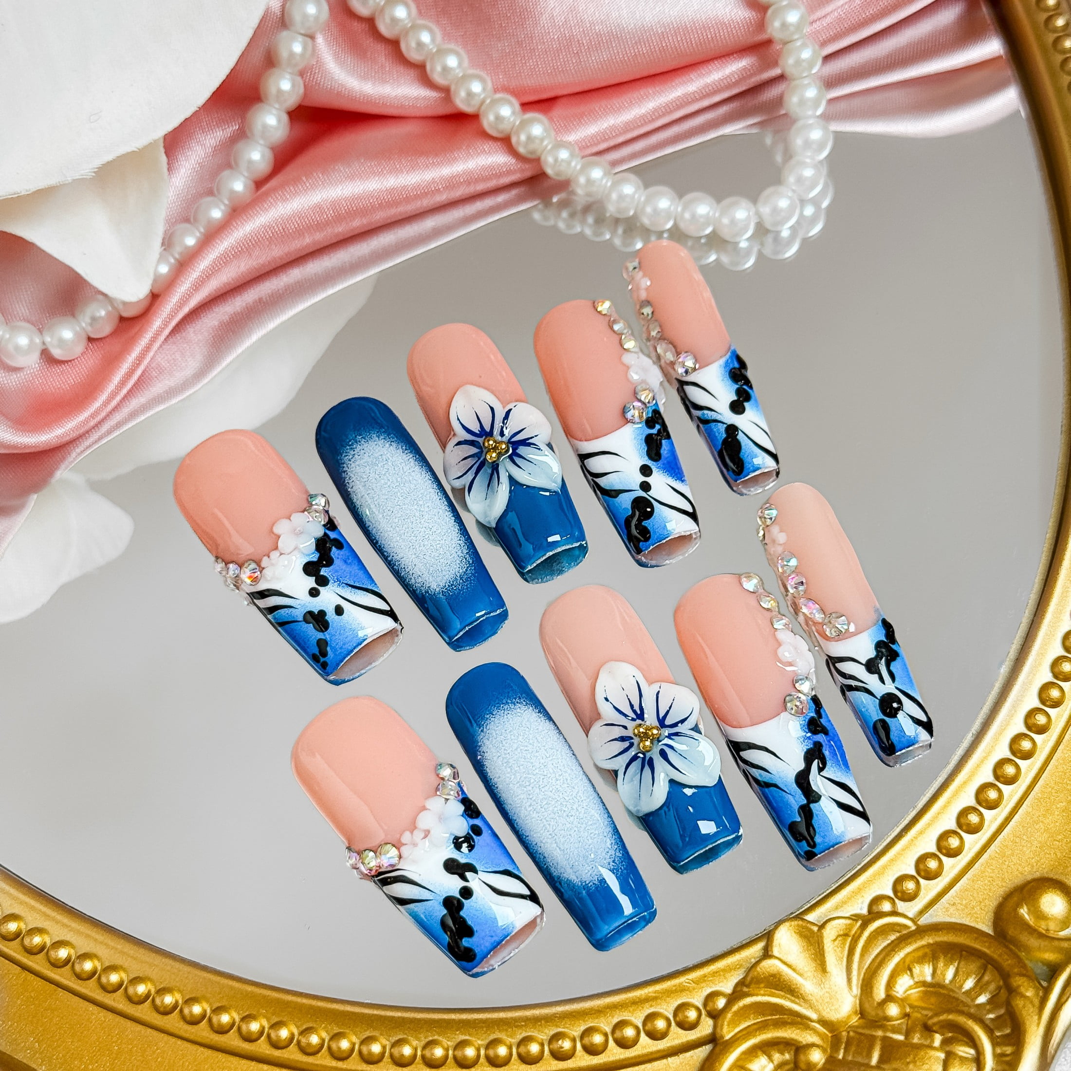 Nail Fairy Ocean Blue Rhinestone Floral Press-On Nails – Long Square 3D Nail Set with Free Tool Kit