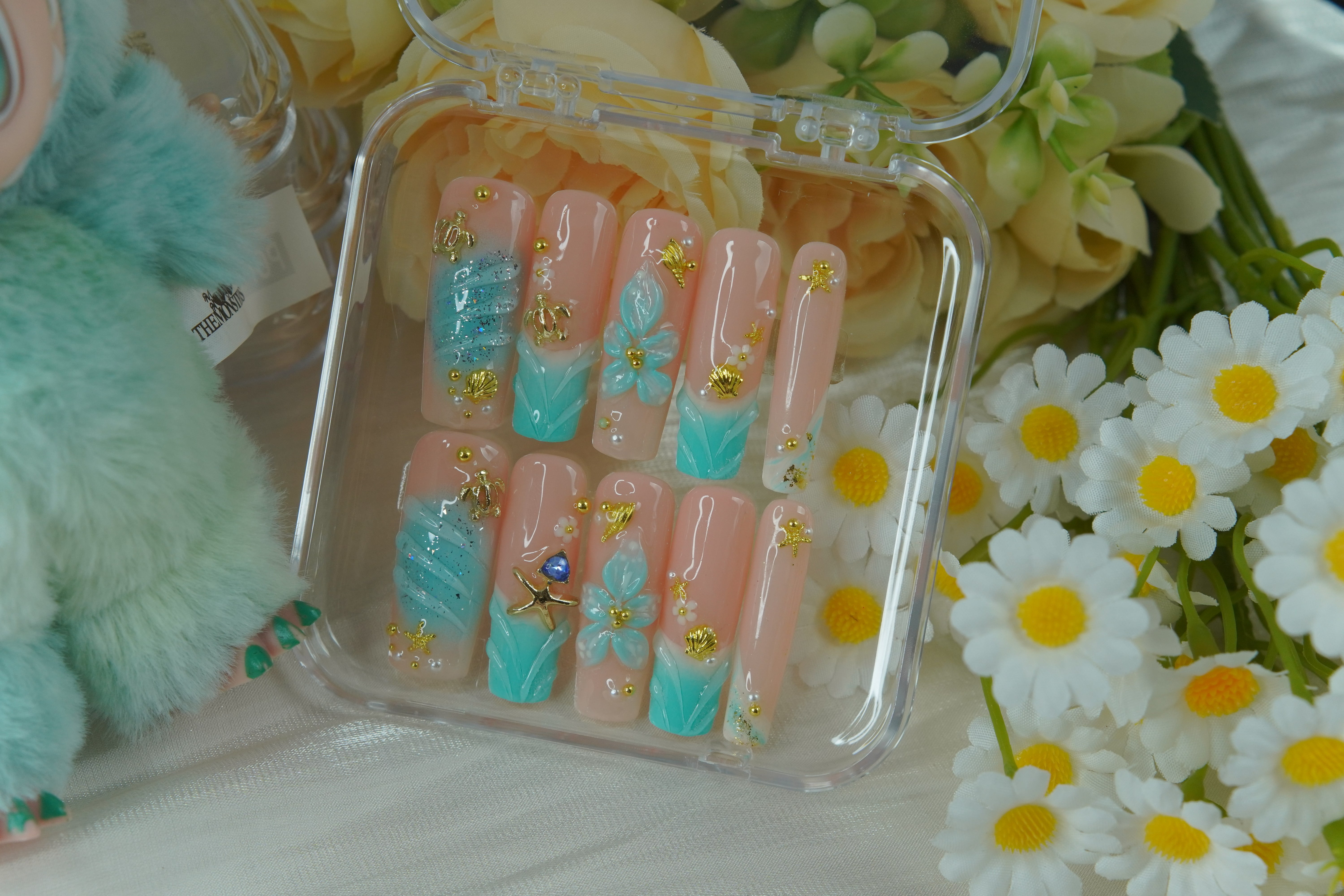 Nail Fairy Seafoam Green 3D Press-On Nails – Tropical Mermaid-Inspired Summer Set of 10 with Free Tool Kit