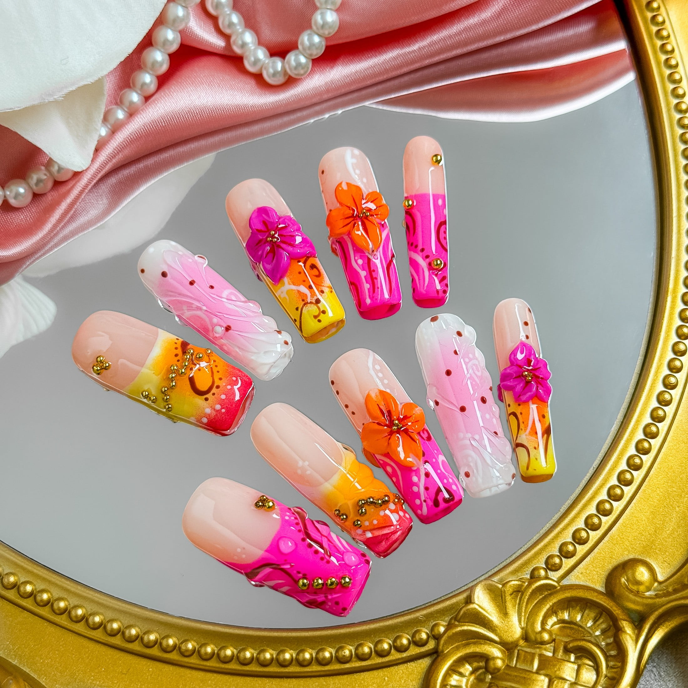 Nail Fairy Tropical Bloom Press-On Nails – Medium Square 3D Hibiscus & Gold Bead Boho Nail Set with Free Tool Kit