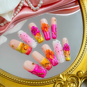 Nail Fairy Tropical Bloom Press-On Nails Medium Square 3D Hibiscus & Gold Bead Boho Nail Set with Free Tool Kit