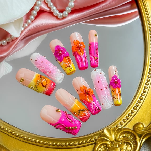 Nail Fairy Tropical Bloom Press-On Nails  Medium Square 3D Hibiscus & Gold Bead Boho Nail Set with Free Tool Kit