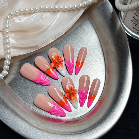 Nail Fairy Tropical Dream Press-On Nails Peach Pink Long Stiletto 3D Floral Nail Set with Free Tool Kit