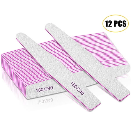 Nail File 180/240 Grit 12 PCS Double Sided Emery Boards Nail Files for Acrylic Nails and Poly Nail Extension Gel Washable