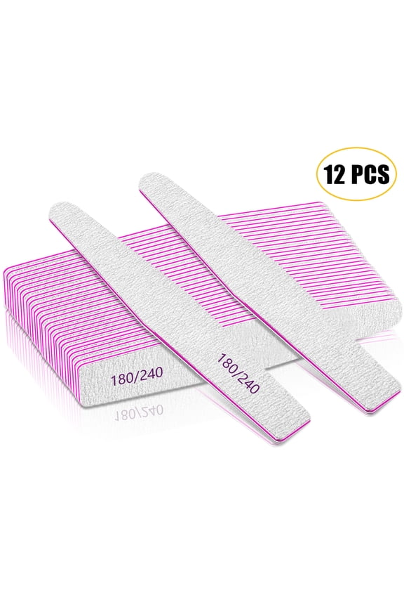 Nail File 180/240 Grit 12 PCS Double Sided Emery Boards Nail Files for Acrylic Nails and Poly Nail Extension Gel Washable