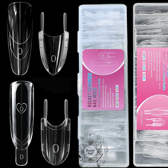 Nail Forms, Dual‑Layer Quick Acrylic Press-on Nails Extension Molds, Clear Reusable No‑paper‑tip Manicure Tools, Multi‑Size Nail Art Molds for Builder Gel DIY & Professional Salon Nail Making