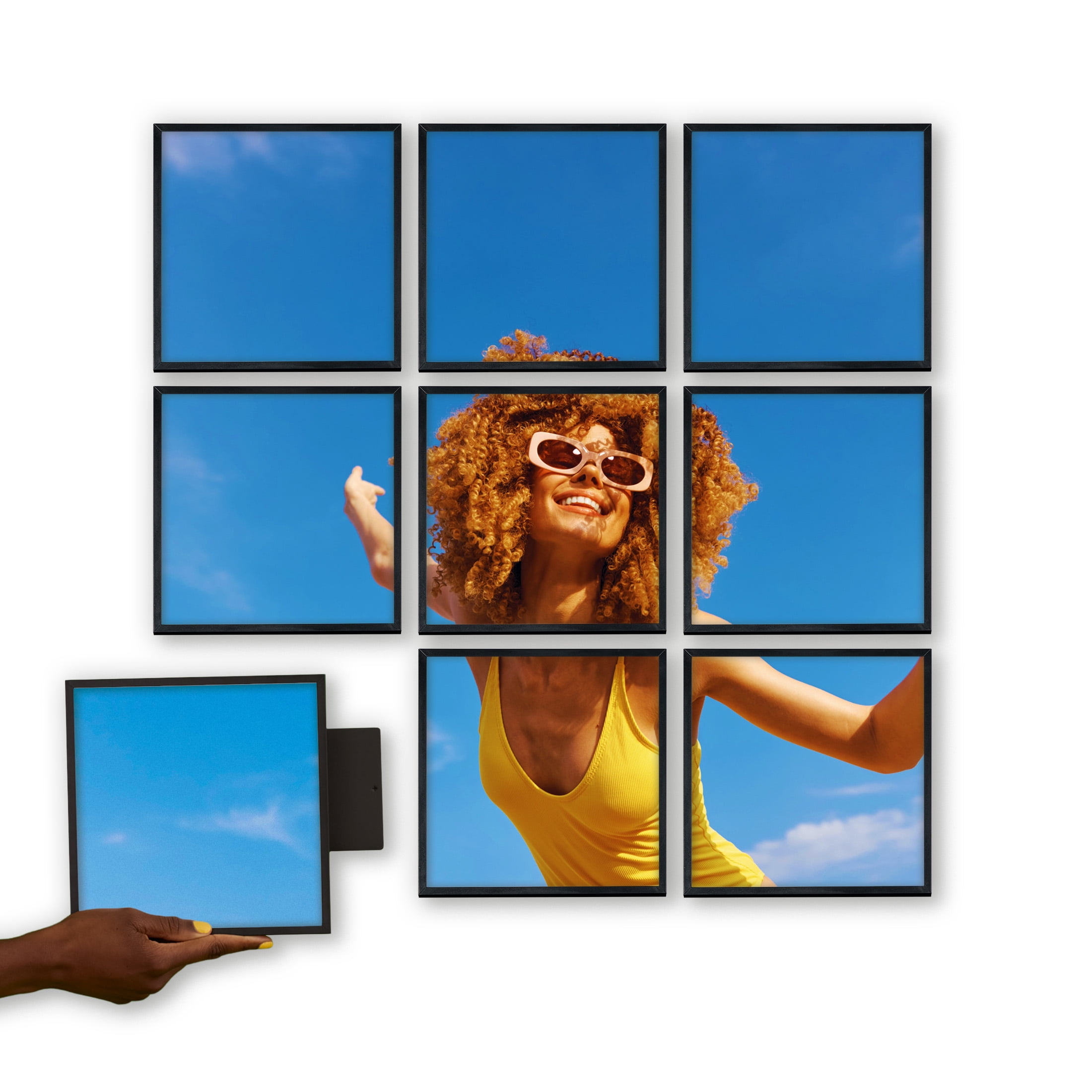 TilePix Classic 8x8 Black Photo Frame 9-Piece - Customizable Magnetic Frame for Gallery Wall, Nail-Free Hanging Photo Tile