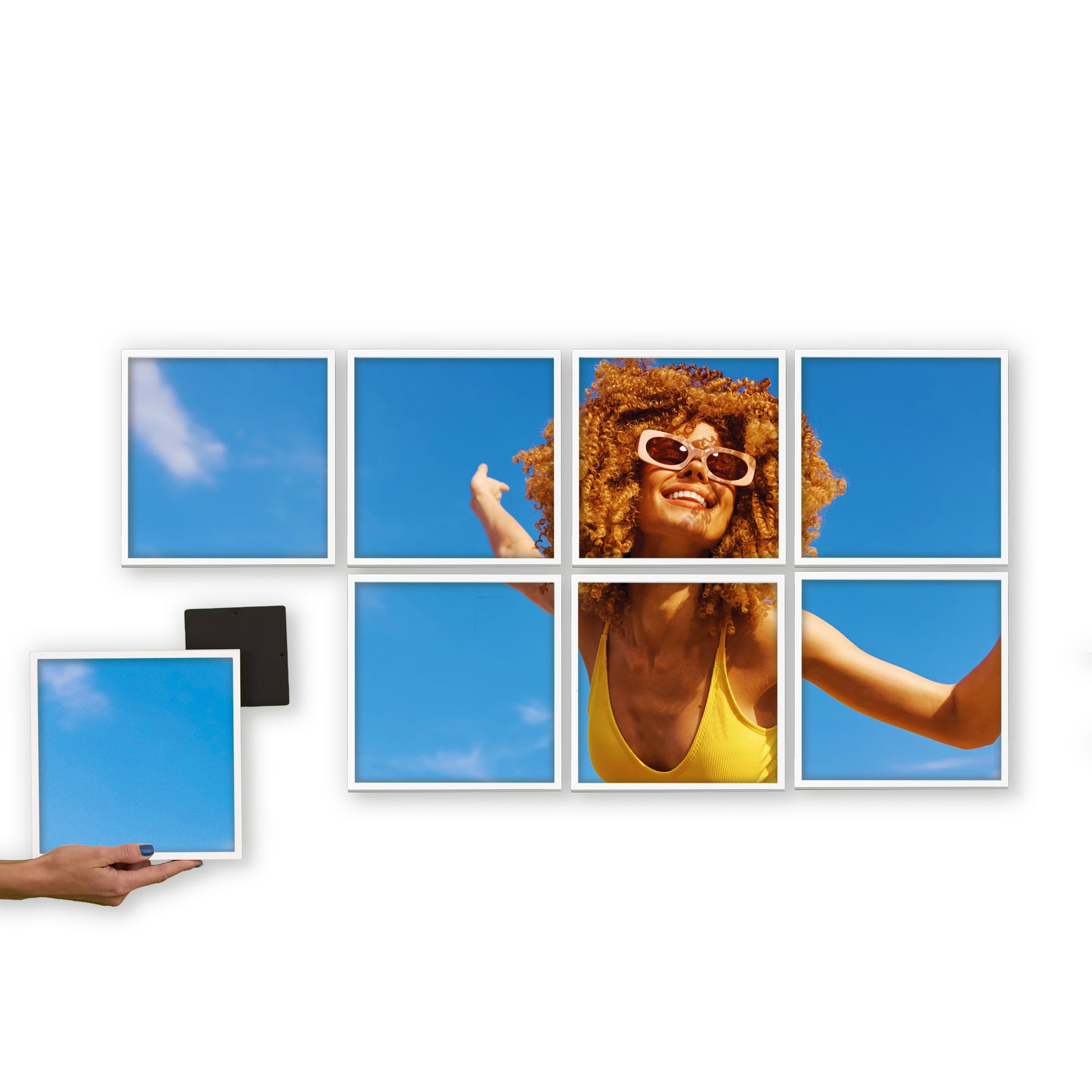 TilePix Classic 8x8 White Photo Frame 8-Piece - Customizable Magnetic Frame for Gallery Wall, Nail-Free Hanging Photo Tile