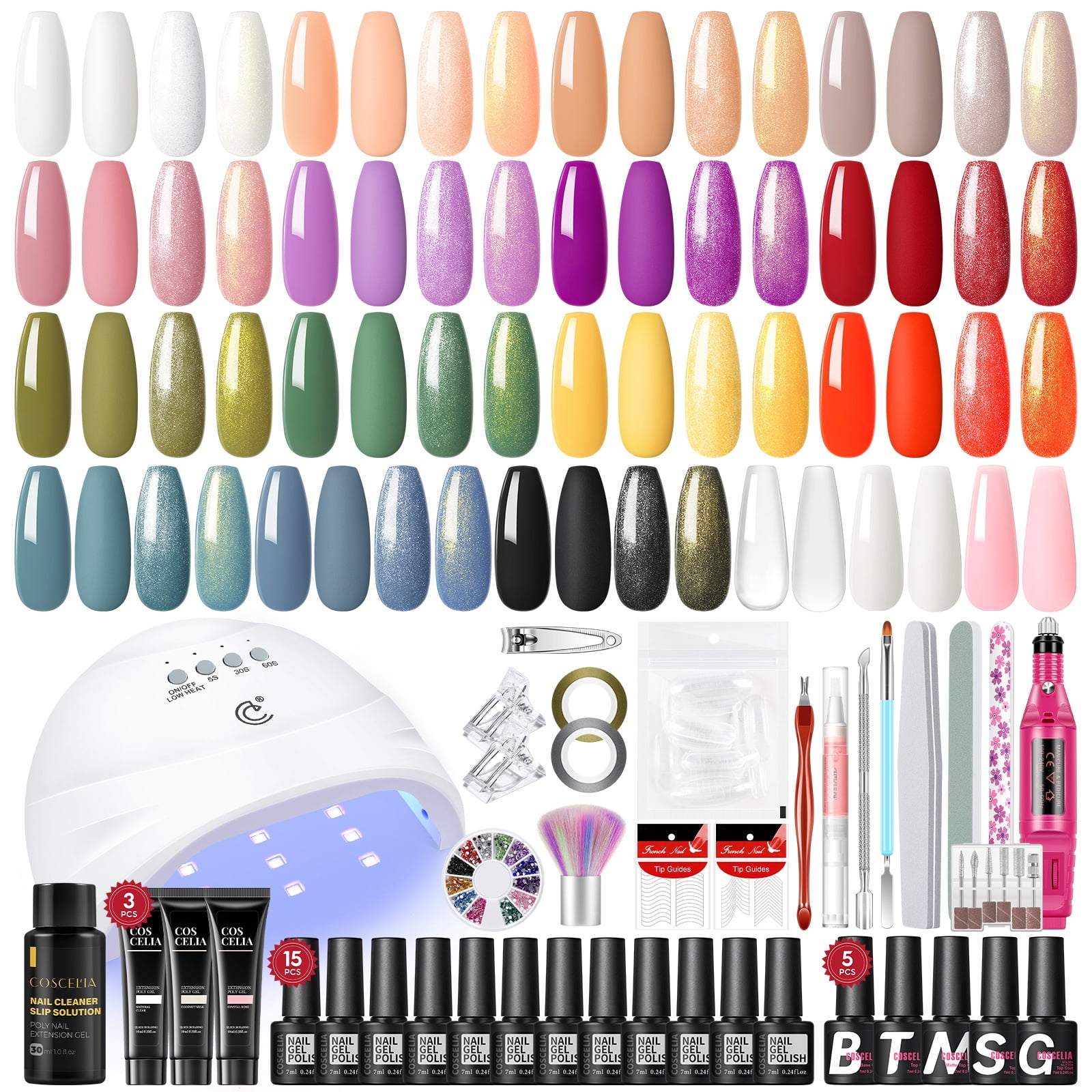 COSCELIA Gel Nail Polish Kit with U V Light Starter Kit and Drill 15PC Gel Nail Polish 3 Colors Poly Extension Gel Kit Top Base Coat Nail Art Rhinestone Gift DIY at Home