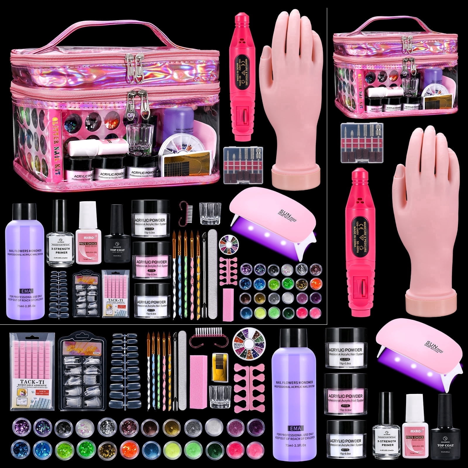Nail Kit for Beginners with Everything: Professional Nail Acrylic Powder Liquid Set with Practice Hand Drill U V Light in Cosmetic Bag for Women Salon Home (Pink)