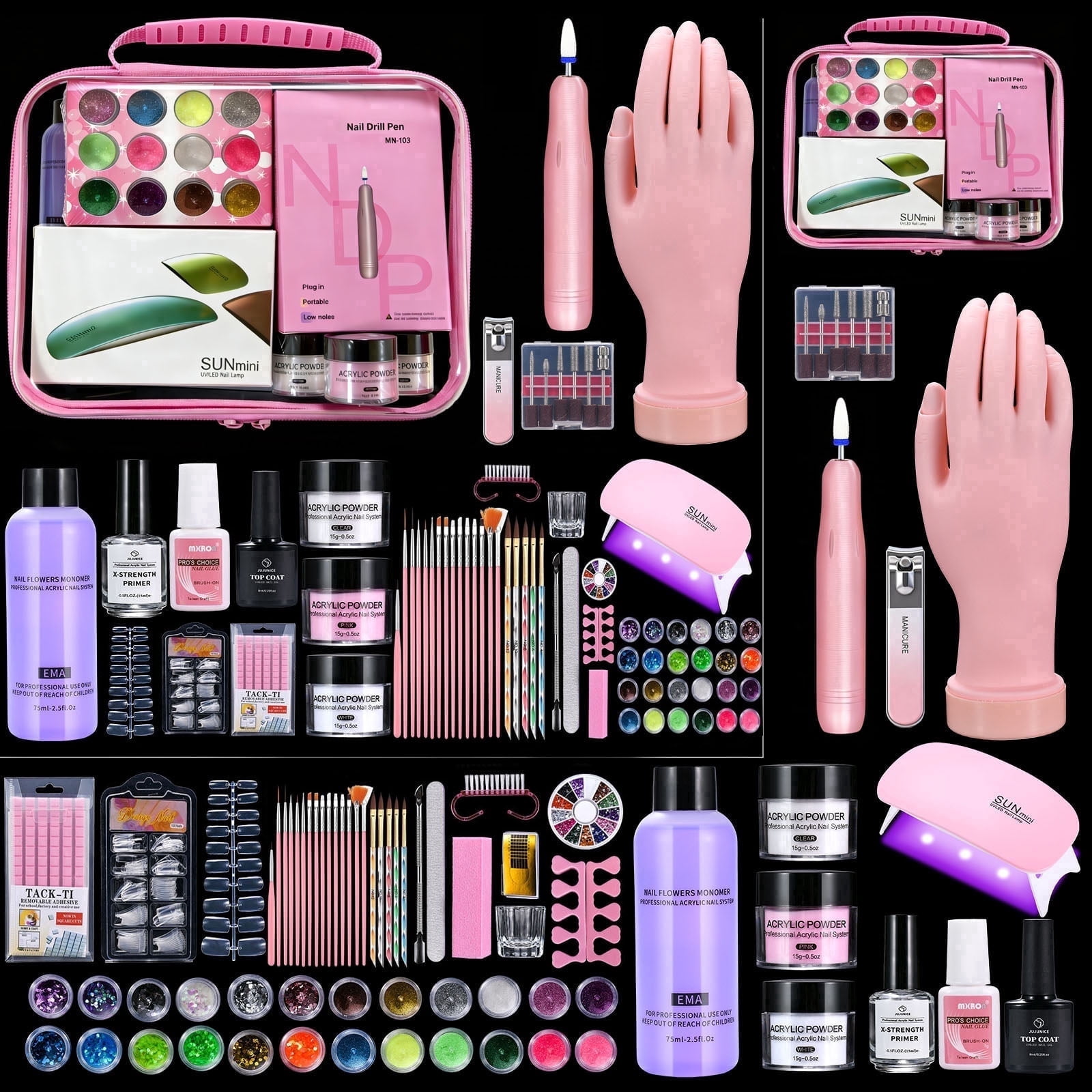 Nail Kit for Beginners with Everything: Professional Nail Acrylic Powder Liquid Set with Practice Hand Drill U V Light in Cosmetic Bag for Women Salon Home (Pink)