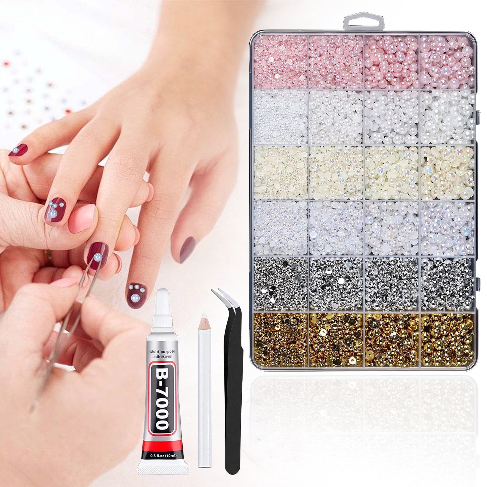 Nail Pearls,3D Nail Charms,Flatback Pearls for Crafting Mixed Colors,DIY Nail Art Charms for Nails,Shoes, Clothing,24-Grid Storage Kit with Tweezers and Adhesive,pearl nail charms,pearls for crafting