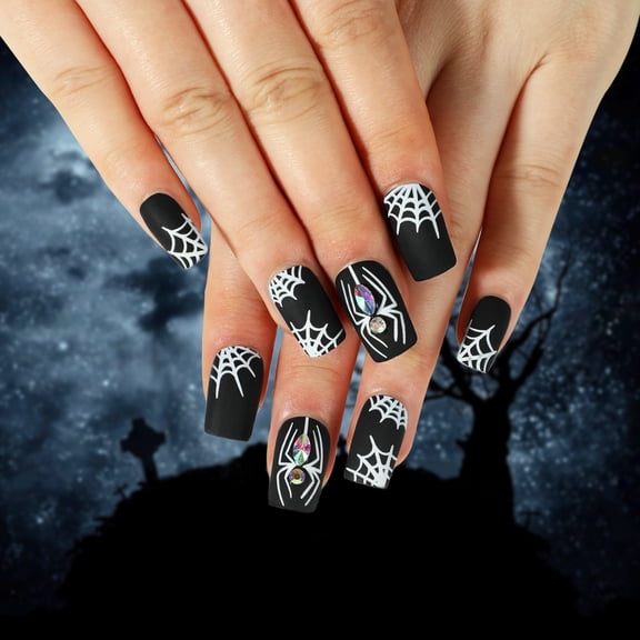 Nail Piece Wearing Nail Halloween Nail Art Black Frosted White Spider Web Rhinestone Nail Art Piece Removable nail