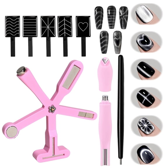 Nail Polish Magnet, 6-in-1 Cat Eye Magnet Kit for Nails, 3-in-1 Nail Polish Magnet Nail Art Tools with 5 Magic Design Plates, For Home DIY & Salon Use, Create Salon Looks Easily (Pink)