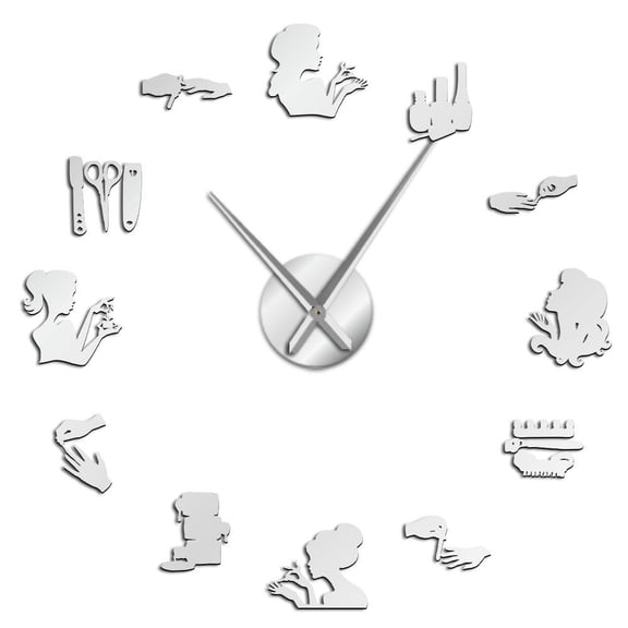 Nail Polish Makeup Tool Beauty Salon Frameless Wall Clock Stickers, DIY Modern Decorative Clocks for Living Room, Bedroom, Office - Easy to Install, Large 3D Clock Design (Silver,27in)