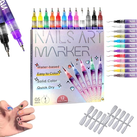 Nail Polish Markers, 12 Colors Nail Art Pens Set, 3D Nail Art Markers Doodle Pen, Nails Arts Tools, For Graffiti Dotting Drawing Painting DIY, Free 300 Diy Nail Tips (2PCS+Nail Tips)