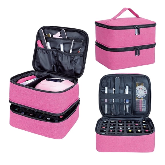 Nail Polish Organizer Case, Double-Layer Nail Polish Storage with Adjustable Dividers, Portable Nail Polish Bag for Nail Gel Nail Lamp and Manicure Tools,RoseRed