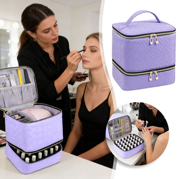 Nail Polish Organizer Case, Double-Layer Nail Polish Storage Box with Adjustable Dividers, Holds 30 Bottles 15ml/0.5 fl.oz, Portable Nail Art Container