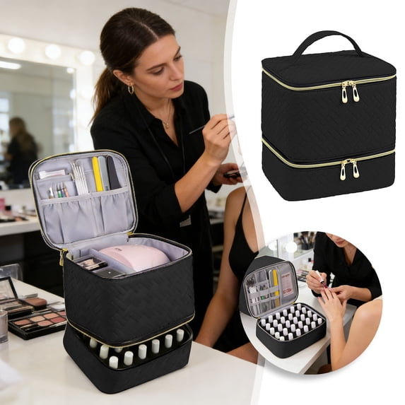Nail Polish Organizer Case, Double-Layer Nail Polish Storage Box with Adjustable Dividers, Holds 30 Bottles 15ml/0.5 fl.oz, Portable Nail Art Container
