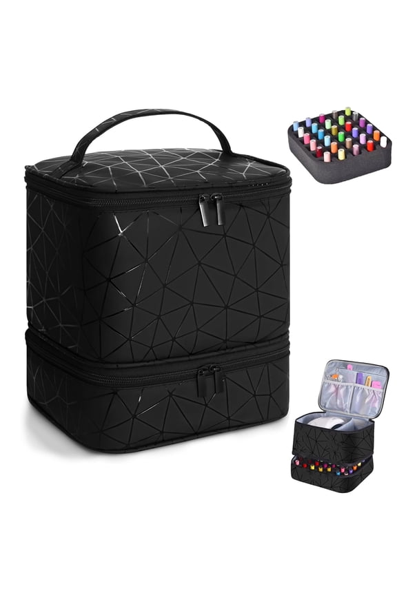 Nail Polish Organizer Case, Holds 30 Bottles (15ml) & Nail Lamp, Portable Double Layer Storage Nail Bag for Travel Home, Black