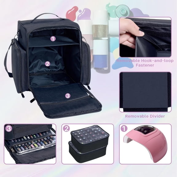 Nail Polish Organizer Holds 60 Bottles and a Nail , Portable Travel Case with 2 Removable Bags and Tools Storage Pockets Black