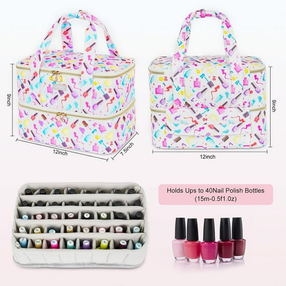 Nail Polish Organizer, Portable Storage Bag for 40 Bottles & Nail , Double Layer Design