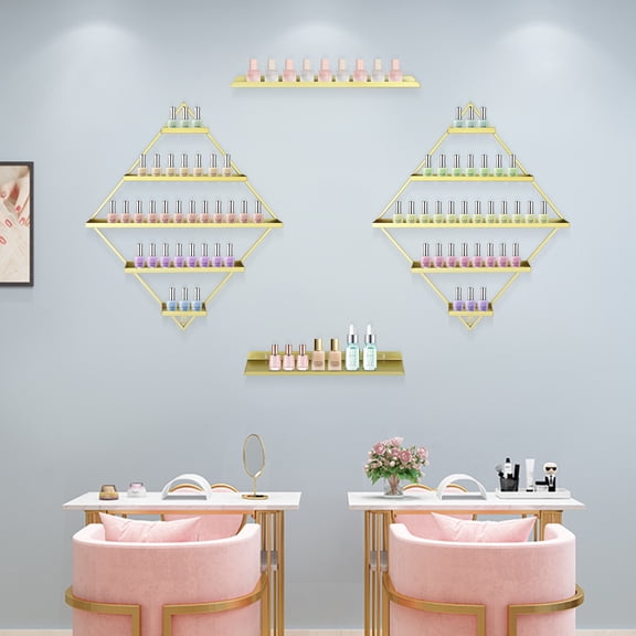 Nail Polish Organizer, Wall Mounted Nail Polish Rack, Nail Polish Display Rack - Gold 5-Tier Diamond Shape 4 Pack, Holds 90 Bottles, Storage for Salon, Home, Bathroom, Makeup