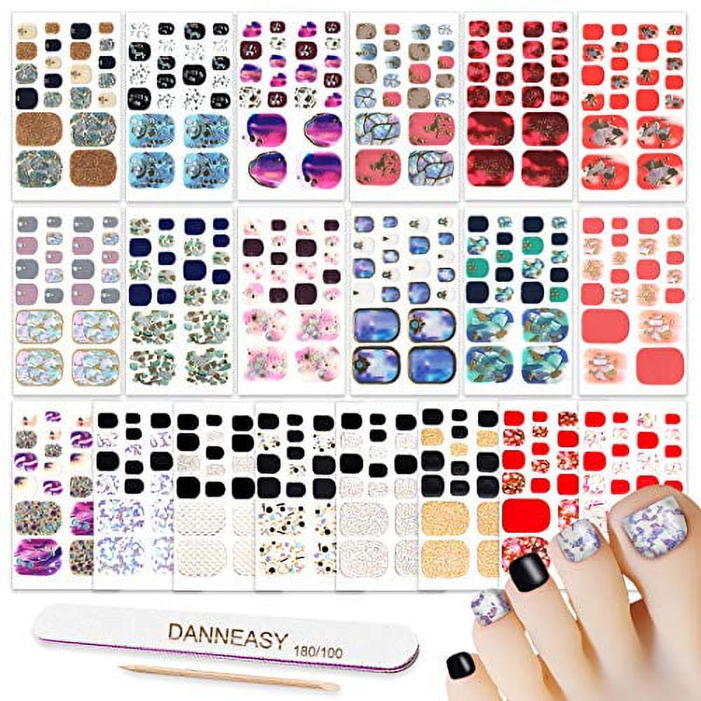 Danneasy Nail Polish Strips, 20 Sheets Toes Nail Stickers Glitter Adhesive Nail Wraps Manicure Kit for Women 1pc Nail File + Wood Cuticle Stick