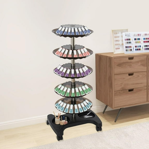 Nail Polish Trolley Display Organizer with Wheels, Adjustable Tray, Cosmetic Lipstick Shelf - 5-Tier Nail Polish Storage Racks Stand for Nail Salon and Home Use (Black)