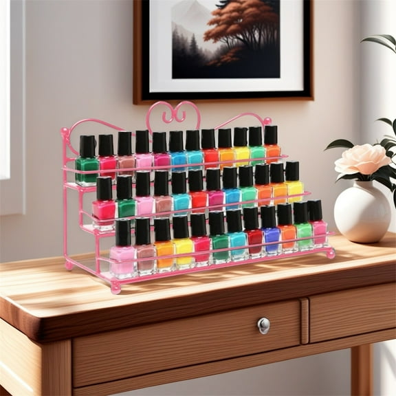 Nail Polish Wall Rack 3 Tiers Metal Heart Design Nail Polish Organizer Shelf Rack Table Top Display Rack Stand(Hot Pink)