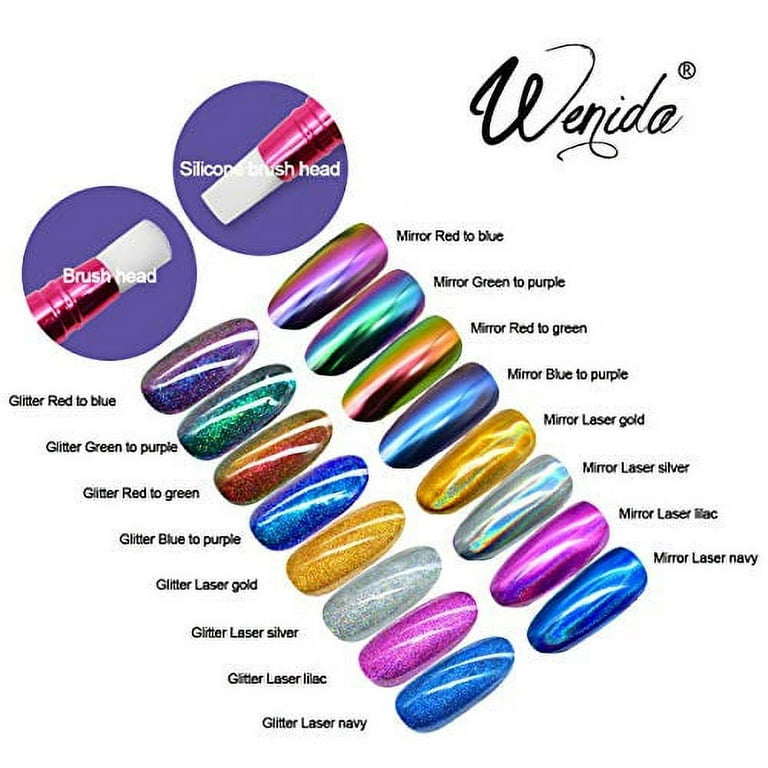 Nail Powder WENIDA 8 Jar Holographic Chameleon Chrome Mirror Laser  Synthetic Resin Pigment with 8 False Nails and Silicone Nail Brush for  Manicure Decoration