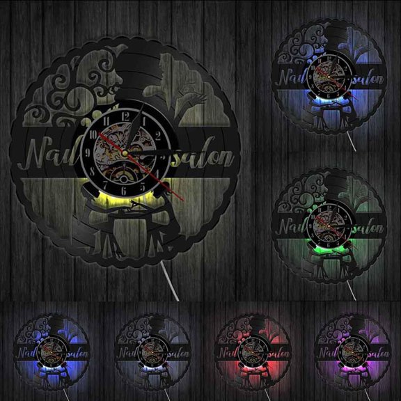 Nail Salon Decor Nail Art Manicure Wall Clock Nails Studio Salon Decorative Vinyl Record Wall Clock Beauty Salon Wall Watch Gift With LED