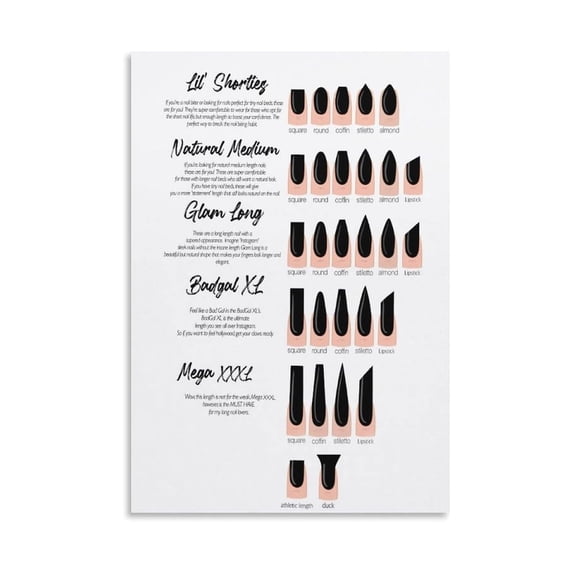 Nail Shape Reference Chart Poster 12 Essential Shapes Guide for Nail Art Almond Coffin Round Stiletto Canvas Painting for Salon Home Studio