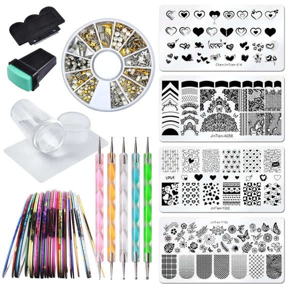 Nail Stamping Kit 4pc Heart Lace Nail Stamping Plate Butterfly Stamp Template Stencil Silicone Stamper Scraper Nail Rhinestones Decoration Mandala Dotting Pen Nails Striping Tape French Nail Tools