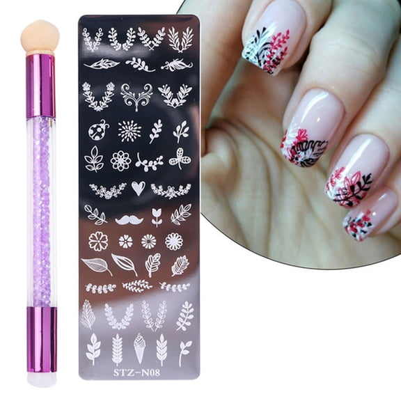 Nail Stamping Plate, Durable Stainless Steel Fashion Pattern Transfer Print Template Stamper for Manicure Decor Nail Salons and DIY Nail Art 1 X Nail Stamping Plates & Silicone Sponge Brush