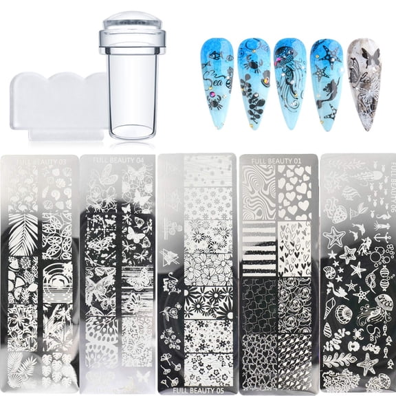 Nail Stamping Plate Set, 5 Printing Plates with Stamper & Scraper, DIY Manicure Art Supplies